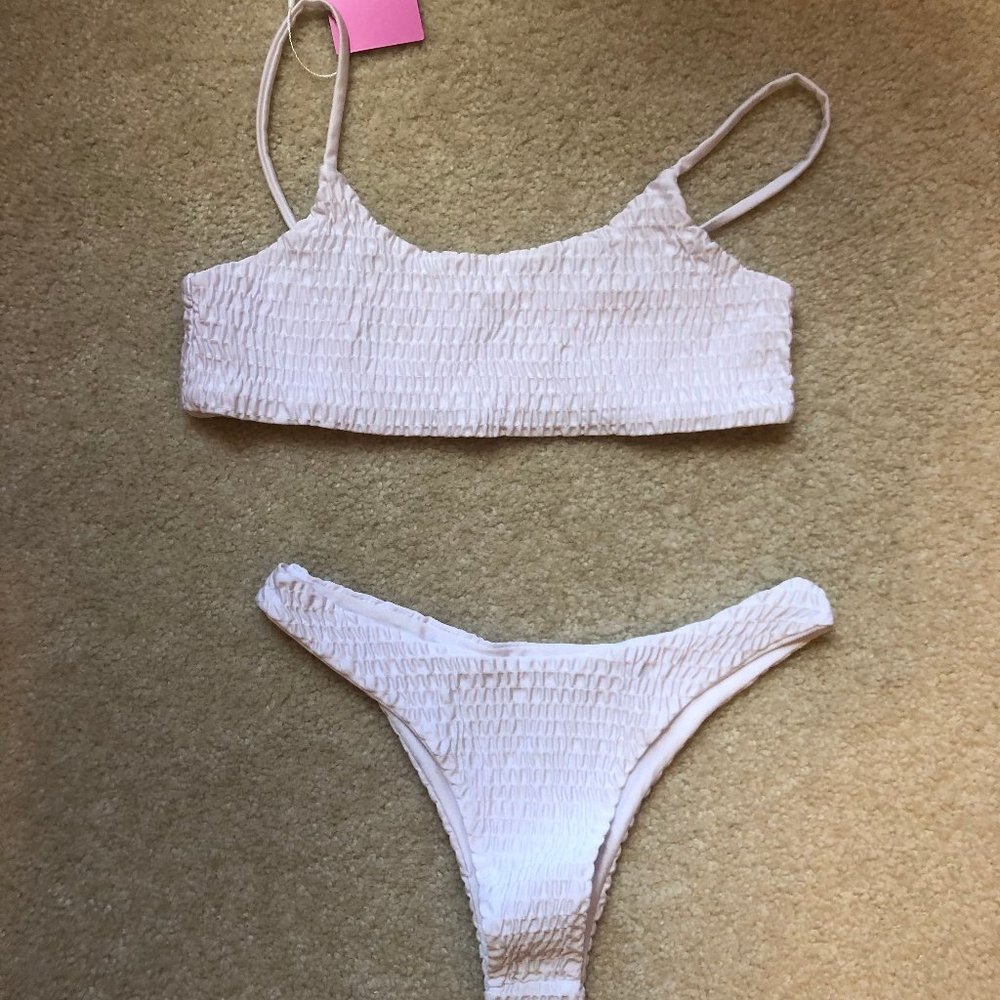 Smocked, White, Bikini, Swimsuit, 2-Piece Set